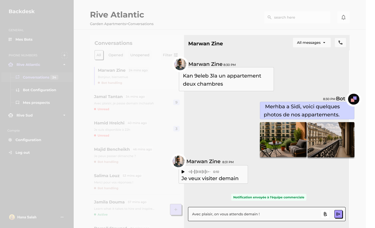 Interface de conversation Backdesk - Gestion des prospects en temps réel